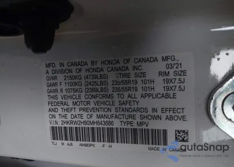 2021 Honda Cr-V Touring из США, поврежденный, VIN 2HKRW2H90MH643686